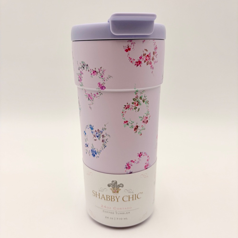 Shabby Chic 24oz Cortado Coffee Tumbler Lavender Floral Heart Stainless Steel
